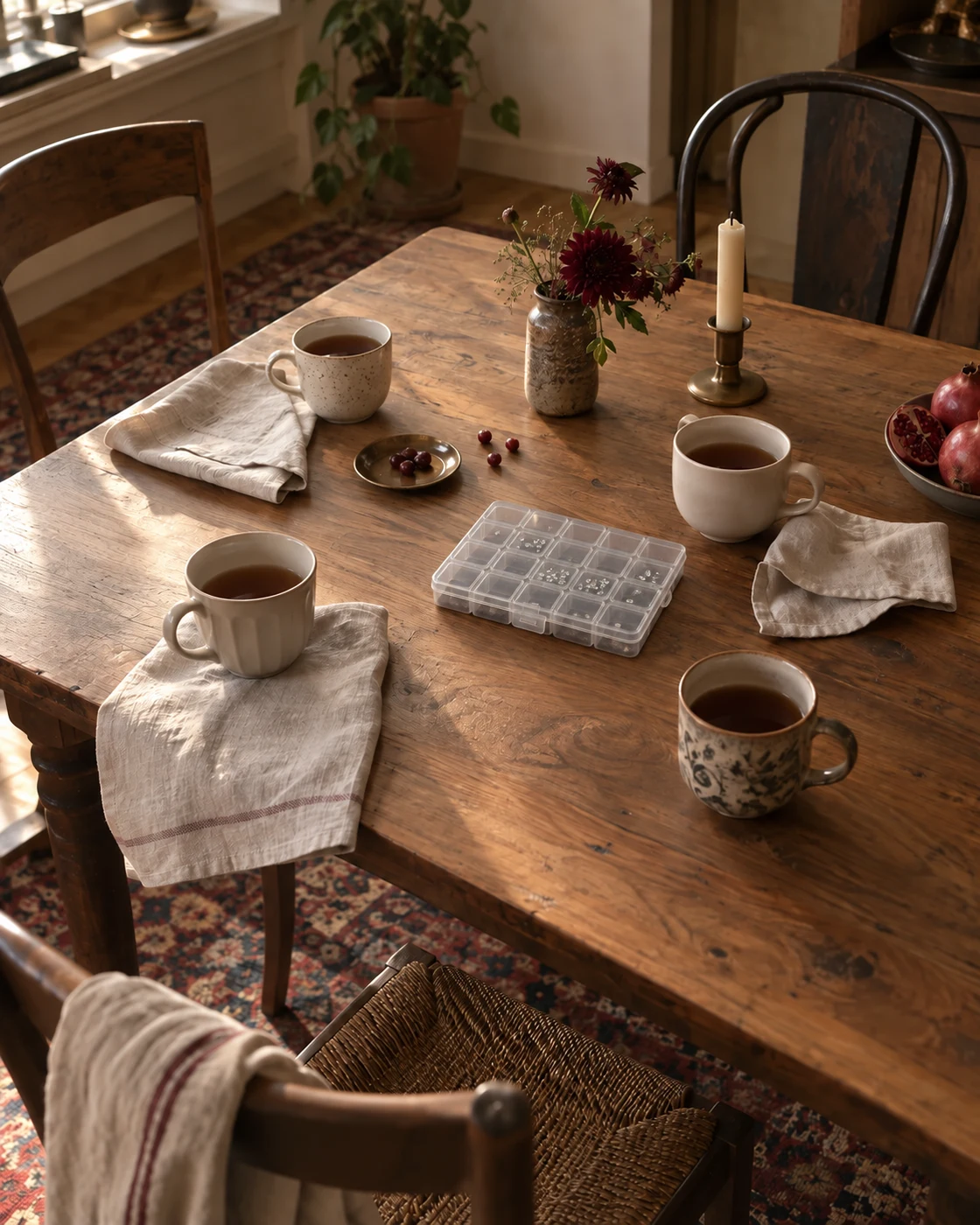 A table set for friends with a clear tooth-gem organizer