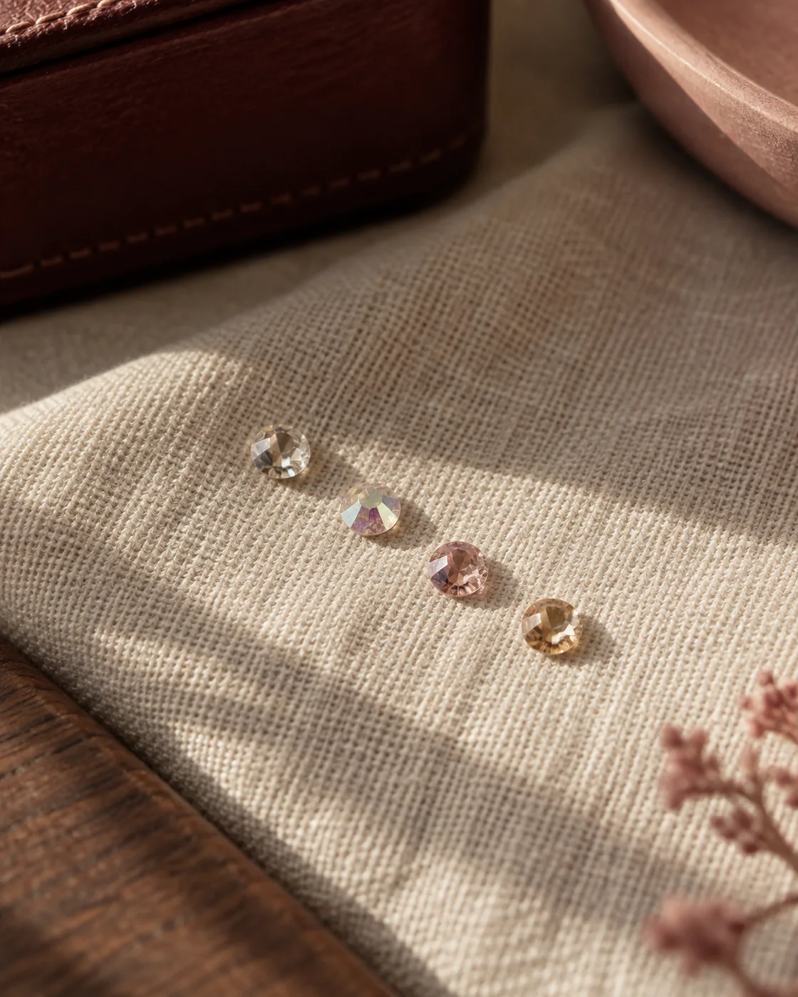 Clear, iridescent, rose and champagne crystals on ivory linen.