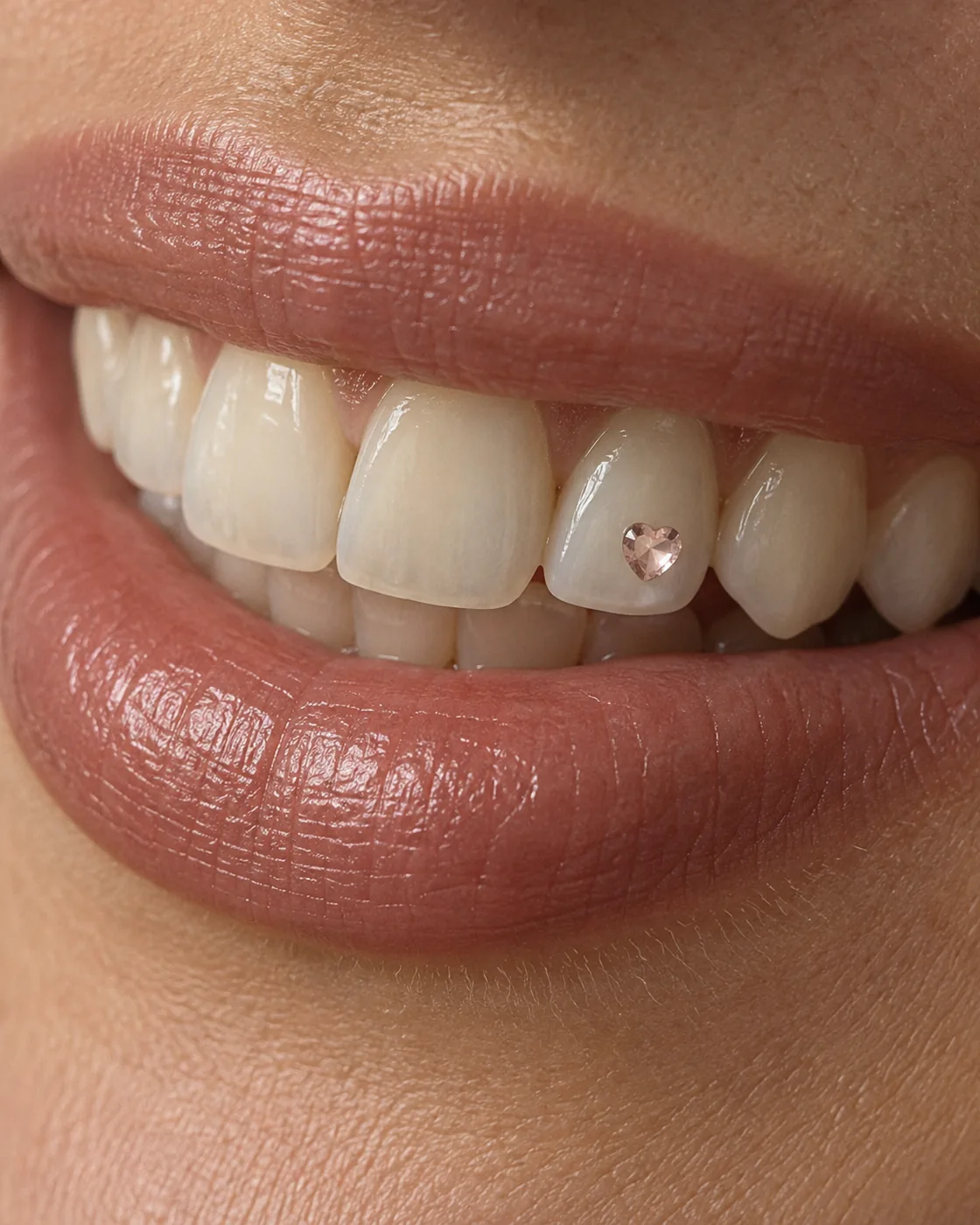 A pale rose heart crystal on a lateral incisor.