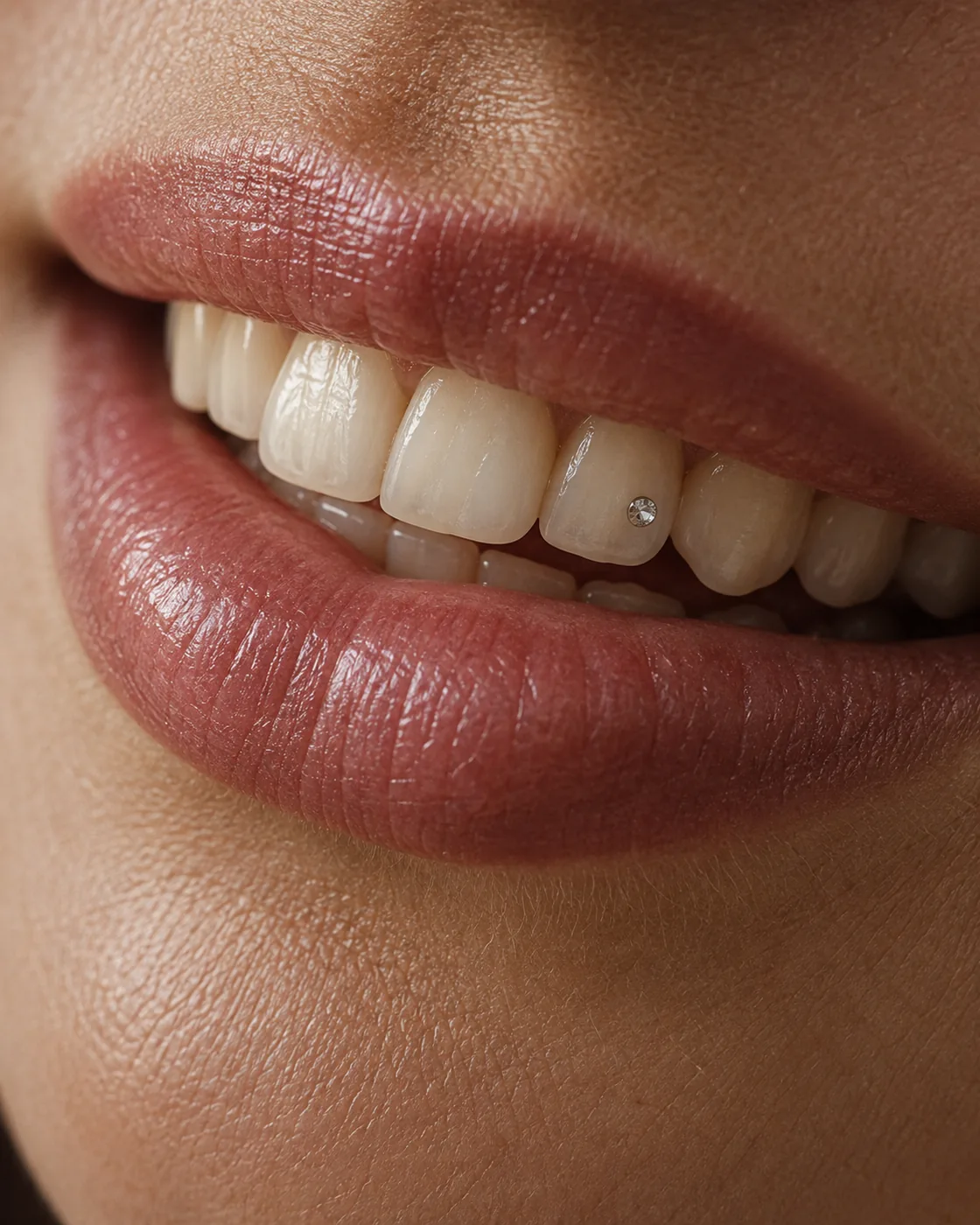 A tiny clear crystal on a natural smile, in soft window light.