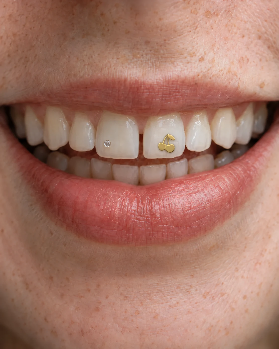 Illustrative smile with an Isis N Gold Mini Cherry design and a clear tooth gem.