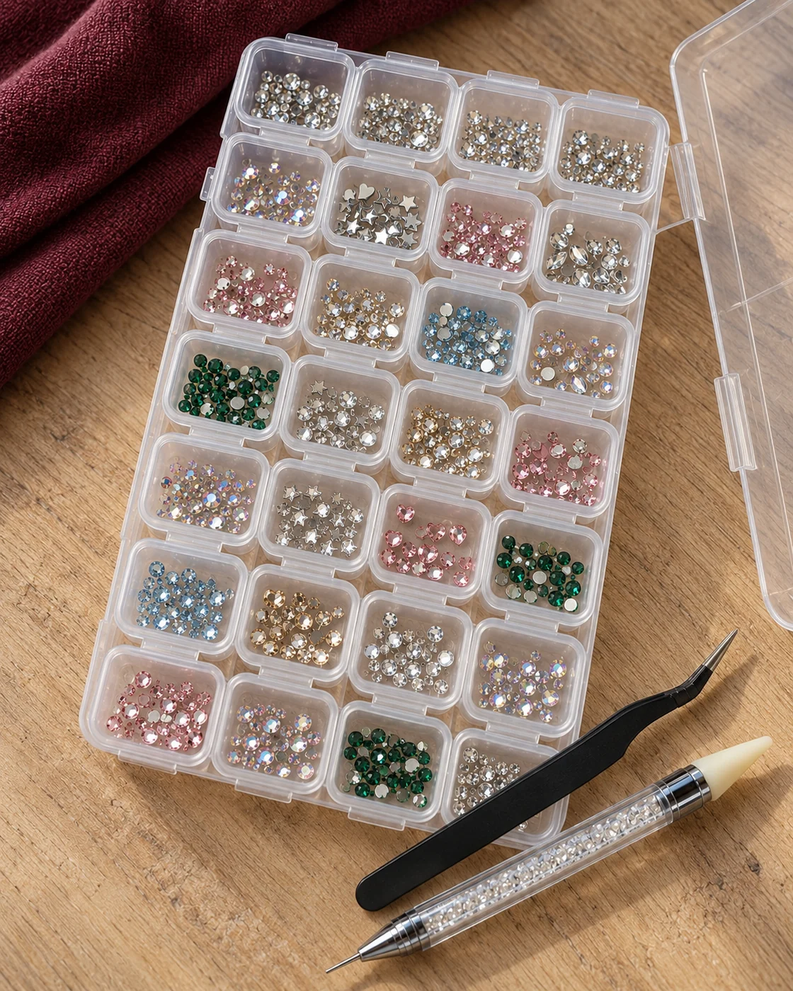 Un assortiment de strass dans une boîte transparente, avec une pince noire et un crayon rempli de cristaux sur une table en bois.