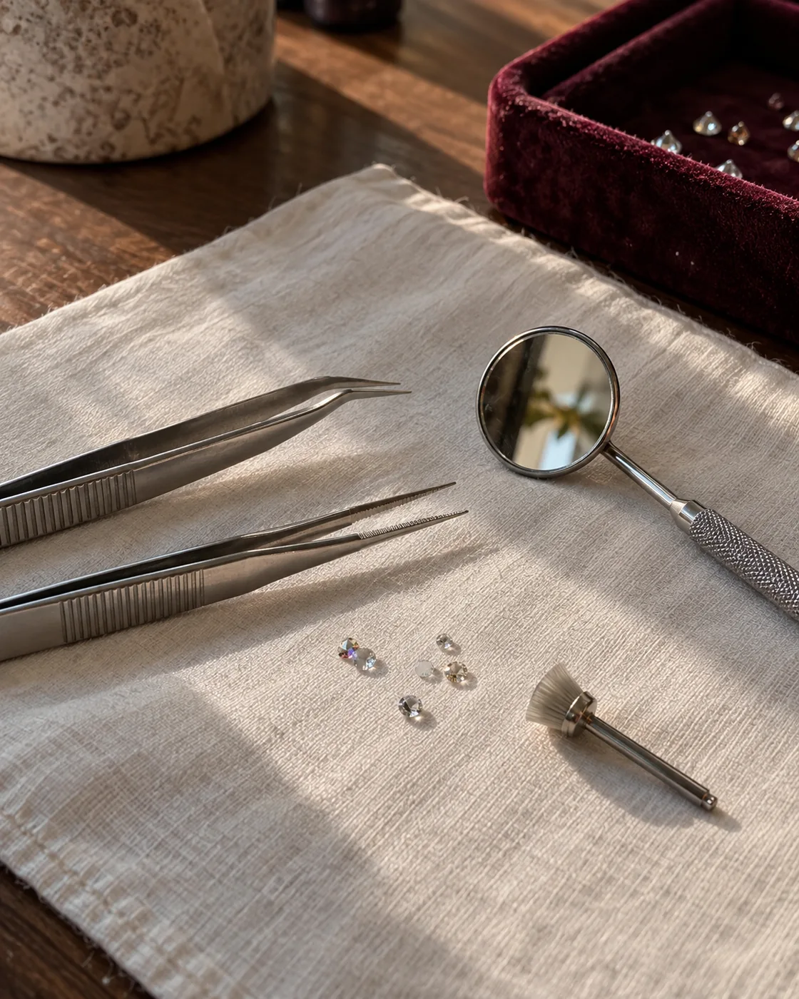 Precision tweezers, a small mirror and crystals on linen.