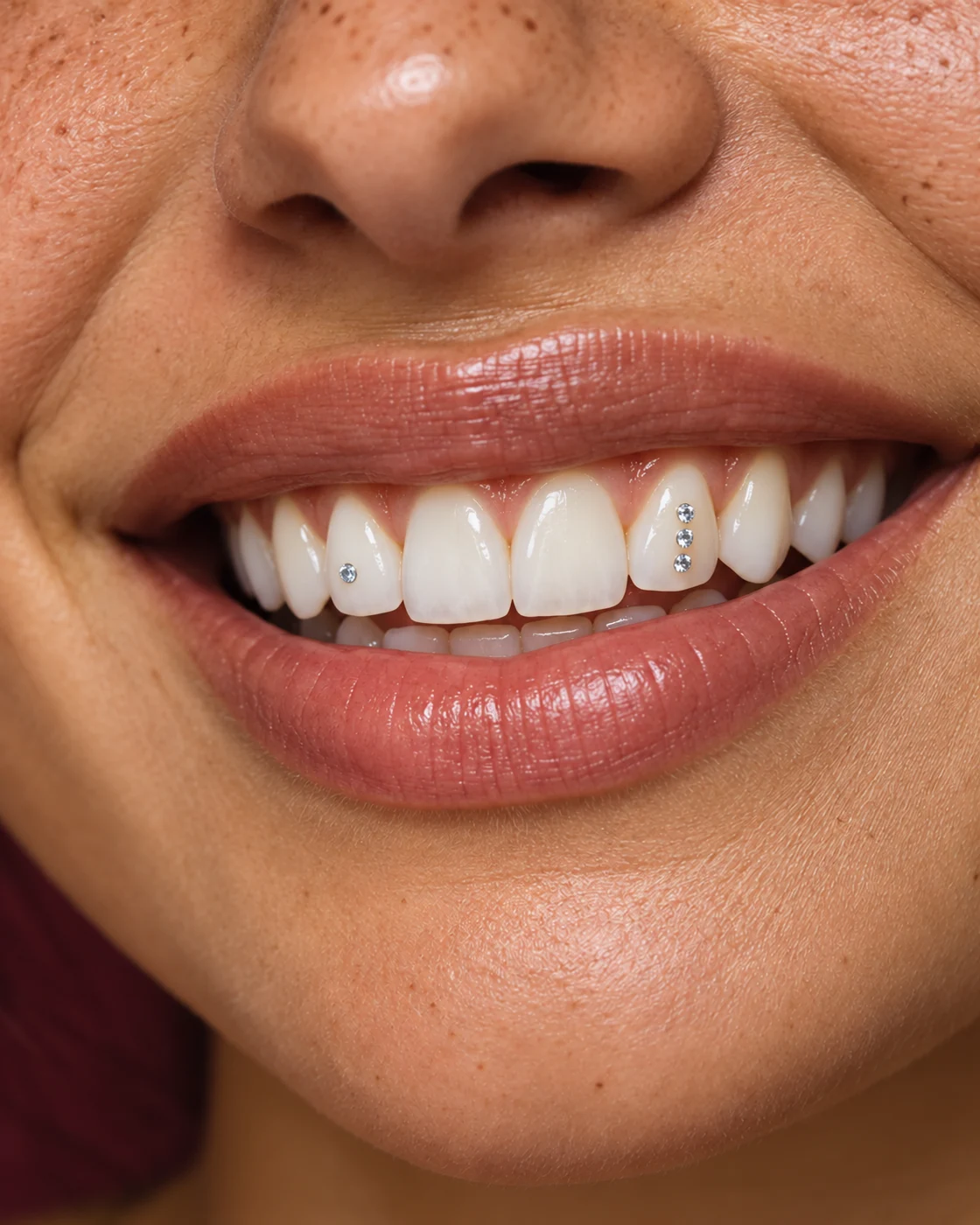 Natural smile with bright off-white enamel and delicate crystal accents, editorial illustration.